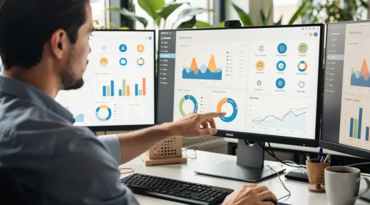 Professionnel marketing analysant données campagnes data-driven sur écrans multiples