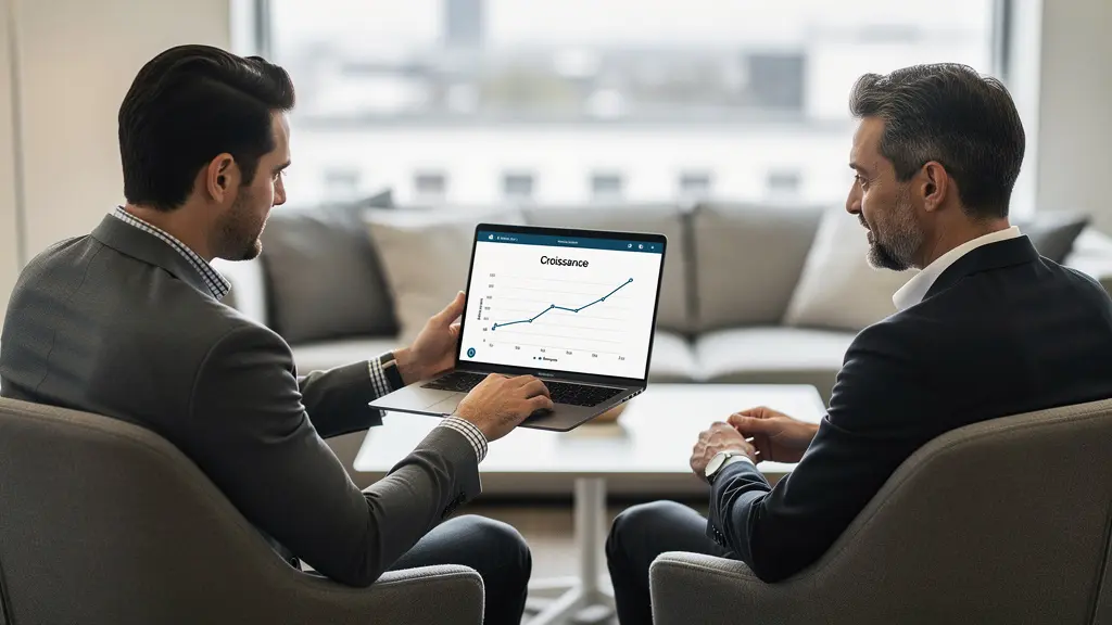 Consultant marketing présentant évolution ROAS campagnes data-driven à client