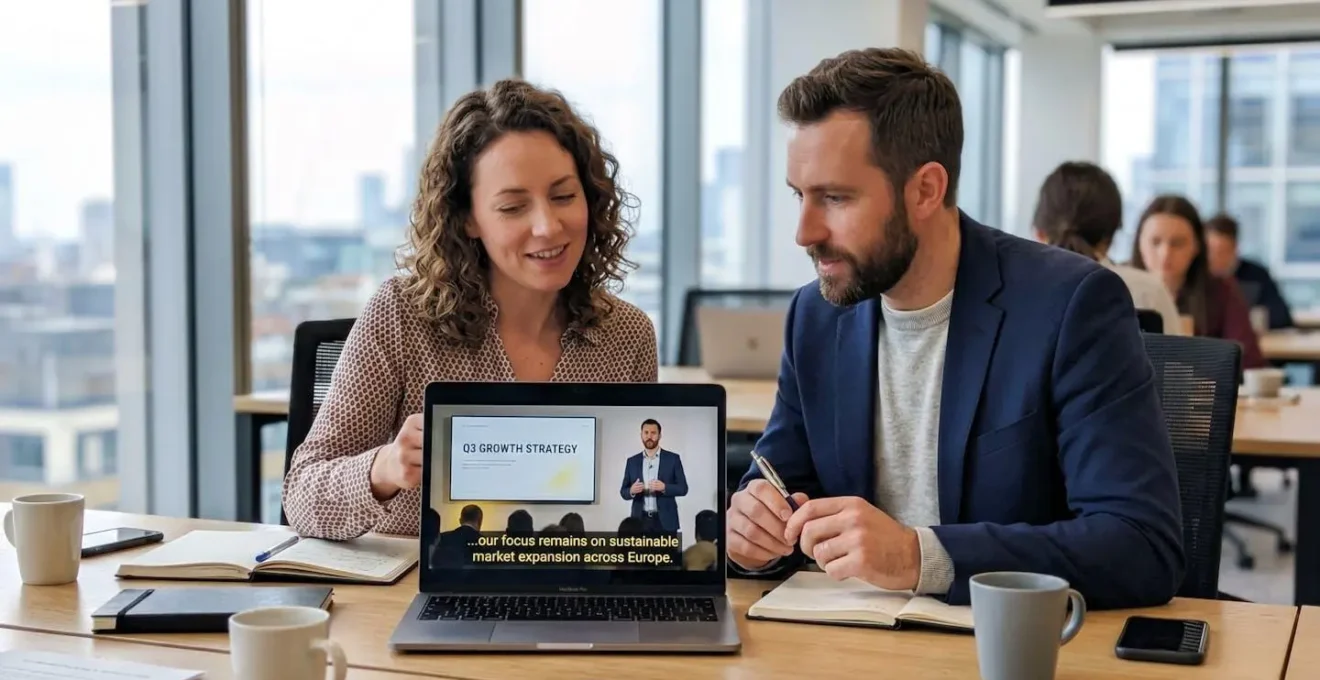 Deux professionnels assis côte à côte devant un ordinateur portable en train de regarder ensemble une vidéo avec des sous-titres visibles à l'écran
