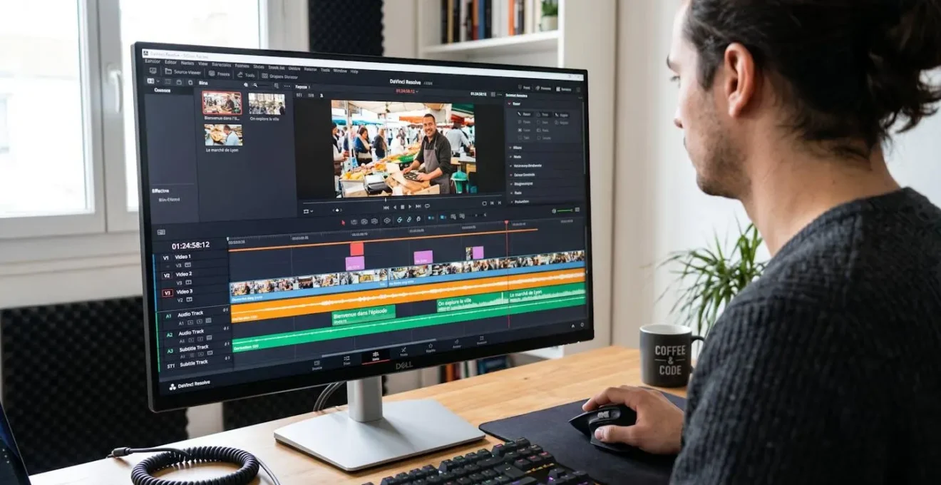 Vue rapprochée d'un écran d'ordinateur affichant une interface de montage vidéo avec une timeline et des sous-titres en français légèrement flous