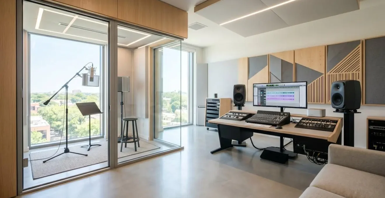 Vue grand angle d'un studio d'enregistrement professionnel moderne avec cabine insonorisée et équipement micro suspendu